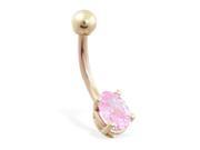 14K solid gold belly ring with small pink oval CZ
