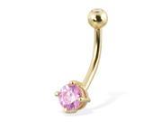 14K solid yellow gold belly button ring with round pink CZ and jeweled top ball