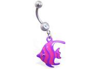 Navel ring with dangling pink and purple fish