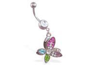 Belly ring with dangling crooked mulit colored butterfly