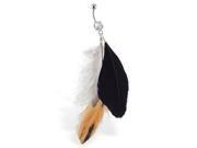 Belly ring with dangling black gray and brown feathers