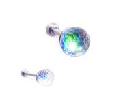 Steel cartilage barbell with rainbow anodized crystal ball 16 ga