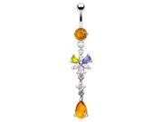 Citrine colored jeweled belly ring with dangling mulit color flower and citrine stone