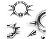 316L Surgical Steel Easy Snap In Captive Bead Ring w 6 Internally Threaded Spikes 6ga