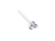 Silver nose stud with small clear jeweled clover and long tail for custom bend 22 ga