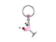 Steel catpive bead ring with dangling pink martini glass 16 ga