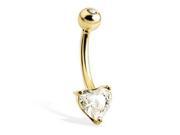 14K solid yellow gold belly button ring with heart shaped stone and jeweled top ball
