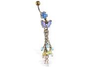 Vintage colorful flower belly ring with dangling butterfly chains and stones