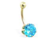 14K solid gold belly ring with large 8mm aquamarine CZ