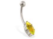 14K solid white gold belly ring with long yellow marquise CZ
