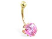 14K solid gold belly ring with large 8mm pink CZ