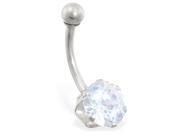 14K solid white gold belly ring with large 8mm clear CZ