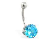 14K solid white gold belly ring with large 8mm aquamarine CZ