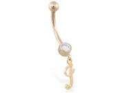 14K solid gold belly ring with dangling script initial I