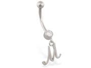 14K solid white gold belly ring with dangling script initial M