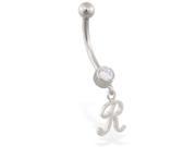 14K solid white gold belly ring with dangling script initial R