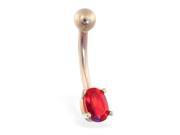 14K solid gold belly ring with small ruby red oval CZ