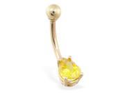 14K solid gold belly ring with small yellow teardrop CZ