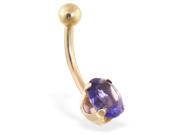 14K solid gold belly ring with purple oval CZ