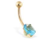14K solid gold belly ring with aquamarine oval CZ