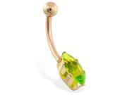 14K solid gold belly ring with long peridot marquise CZ