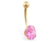 14K solid gold belly ring with pink oval CZ