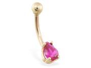 14K solid gold belly ring with small fuchsia teardrop CZ