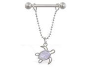 14K solid white gold nipple ring with dangling jeweled turtle 14ga