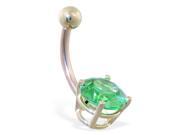 14K solid gold belly ring with large 8mm emerald CZ