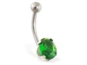 14K solid white gold belly ring with emerald oval CZ