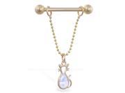 14K solid gold nipple ring with dangling jeweled cat on chain 14 ga
