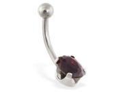 14K solid white gold belly ring with dark red oval CZ