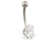14K solid white gold belly ring with clear oval CZ