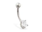 14K solid white gold belly ring with small clear oval CZ