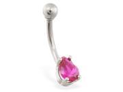 14K solid white gold belly ring with small fuchsia teardrop CZ