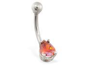 14K solid white gold belly ring with small red teardrop CZ