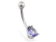14K solid white gold belly ring with small amethyst teardrop CZ