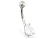 14K solid white gold belly ring with small clear teardrop CZ