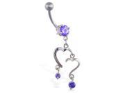 Navel ring with double heart dangle and gems Color amethyst A