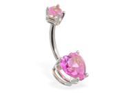 14K solid white gold belly ring with pink double heart CZs