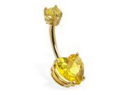 14K solid gold belly ring with yellow double heart CZs