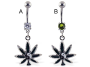 Belly ring with dangling pot leaf with ying ying Color clear A