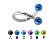 Twisted barbell with colored balls 12 ga Diameter 1 2 13mm Ball size 5 32 4mm Color black A