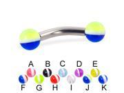 Curved barbell with striped balls 10 ga Length 9 16 14mm Ball size 3 16 5mm Color black B
