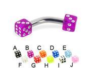 Acrylic dice curved barbell 10 ga Length 7 16 11mm Cube size 3 16 5mm Color purple B