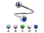 Spiral barbell with cat eye balls 16 ga Diameter 1 2 13mm Ball size 5 32 4mm Color blue E