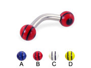 Curved barbell with double striped balls 10 ga Length 5 8 16mm Ball size 3 16 5mm Color white C