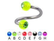 Spiral barbell with acrylic jeweled balls 12 ga Diameter 5 8 16mm Ball size 3 16 5mm Color green B