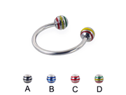 Circular barbell with epoxy striped balls 16 ga Diameter 3 4 19mm Color Yellow Red Green D