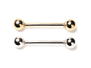 14K Gold Straight Barbell 14 Ga Length 9 16 14mm Ball size 5 32 4mm Screw Balls One Fixed Ball and One Screw Ball Gold color Yellow gold